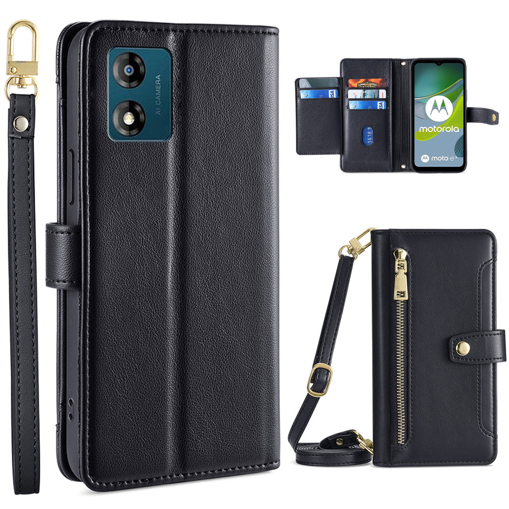 Card Slots Phone Stand Case for Motorola Moto E13 4G Zipper Pocket Leather Phone Cover with Straps Card Slots Phone Stand Case for Motorola Moto E13 4G Zipper Pocket Leather Phone Cover with Straps